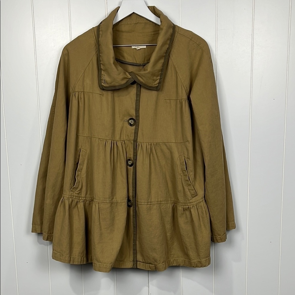 Mystree Womens Tunic/Jacket L Tan 4 Button Close Wide Sleeves Pockets Peplum Hem
